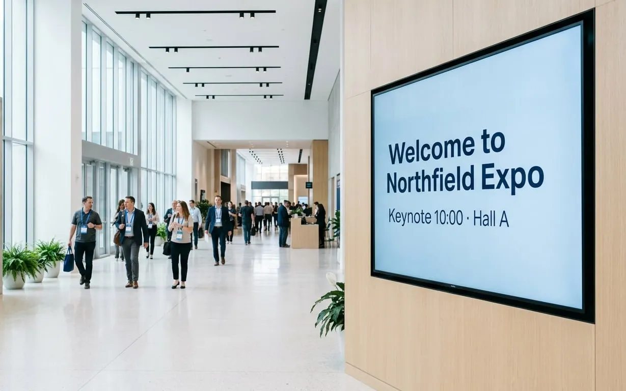 Foyer di un centro congressi con partecipanti e uno schermo a parete che dà il benvenuto a Northfield Expo