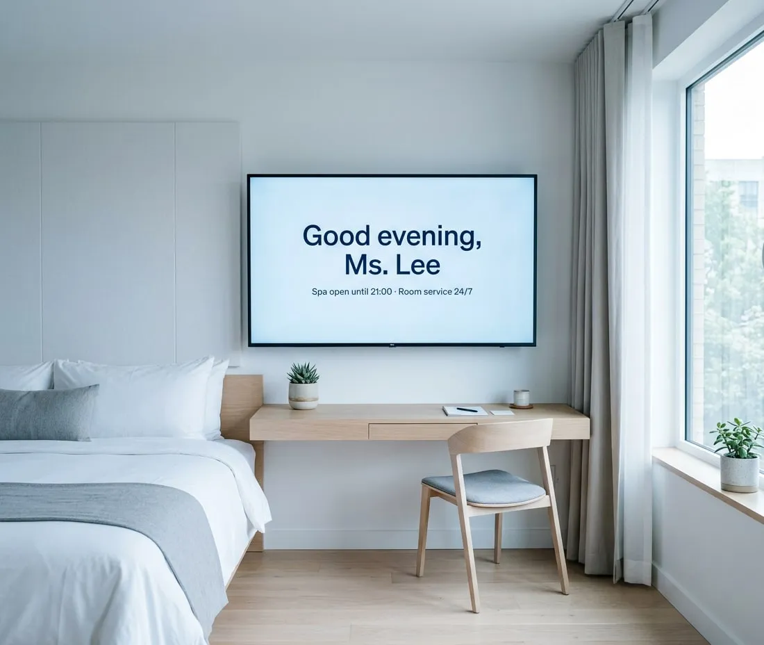 Camera d’hotel con una TV sopra la scrivania: «Buonasera, sig.ra Lee, la spa è aperta fino alle 21 e il room service è attivo 24 ore su 24»