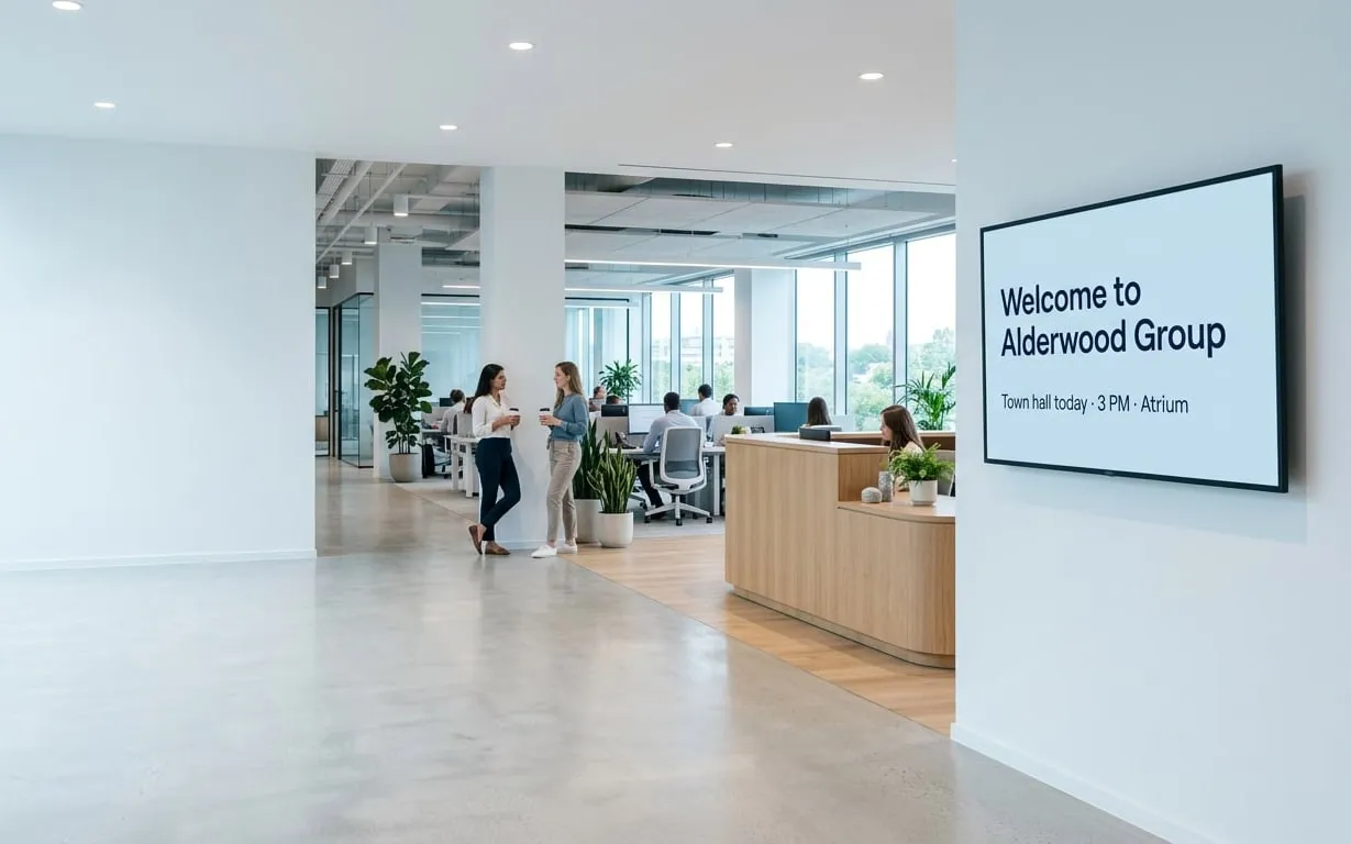 Reception di un ufficio con uno schermo a parete che dà il benvenuto ai visitatori di Alderwood Group