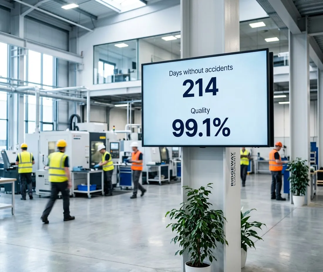 Schermo su un pilastro in reparto con 214 giorni senza incidenti e qualità al 99,1%, con operai alle macchine sullo sfondo