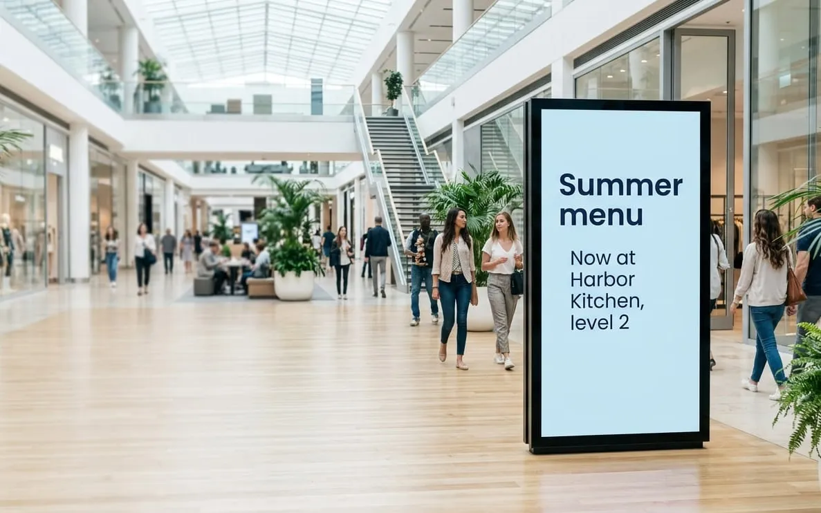 Centro commerciale con un grande schermo verticale che pubblicizza il menu estivo di Harbor Kitchen