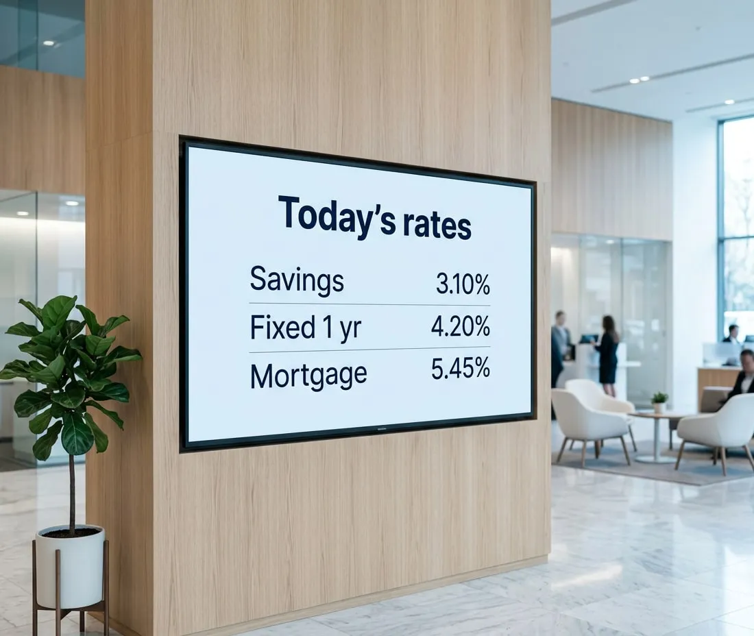 Schermo a parete nella sala di una banca con i tassi del giorno: risparmio 3,10%, vincolato 1 anno 4,20%, mutuo 5,45%