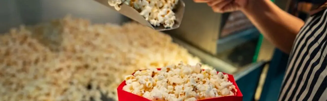 Popcorn versati in un sacchetto al bar di un cinema