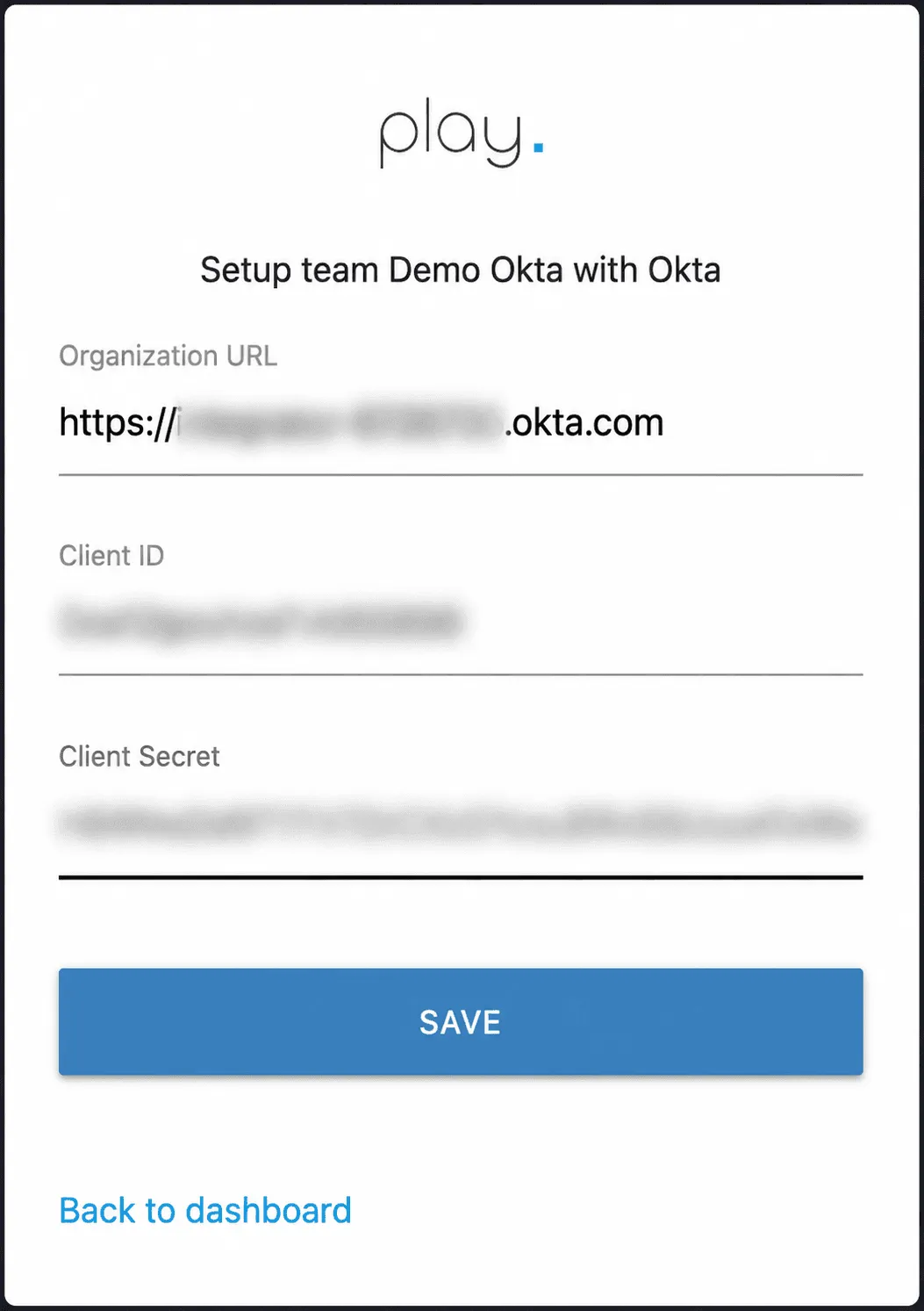 Modulo per inserire organization URL, client ID e client secret di Okta