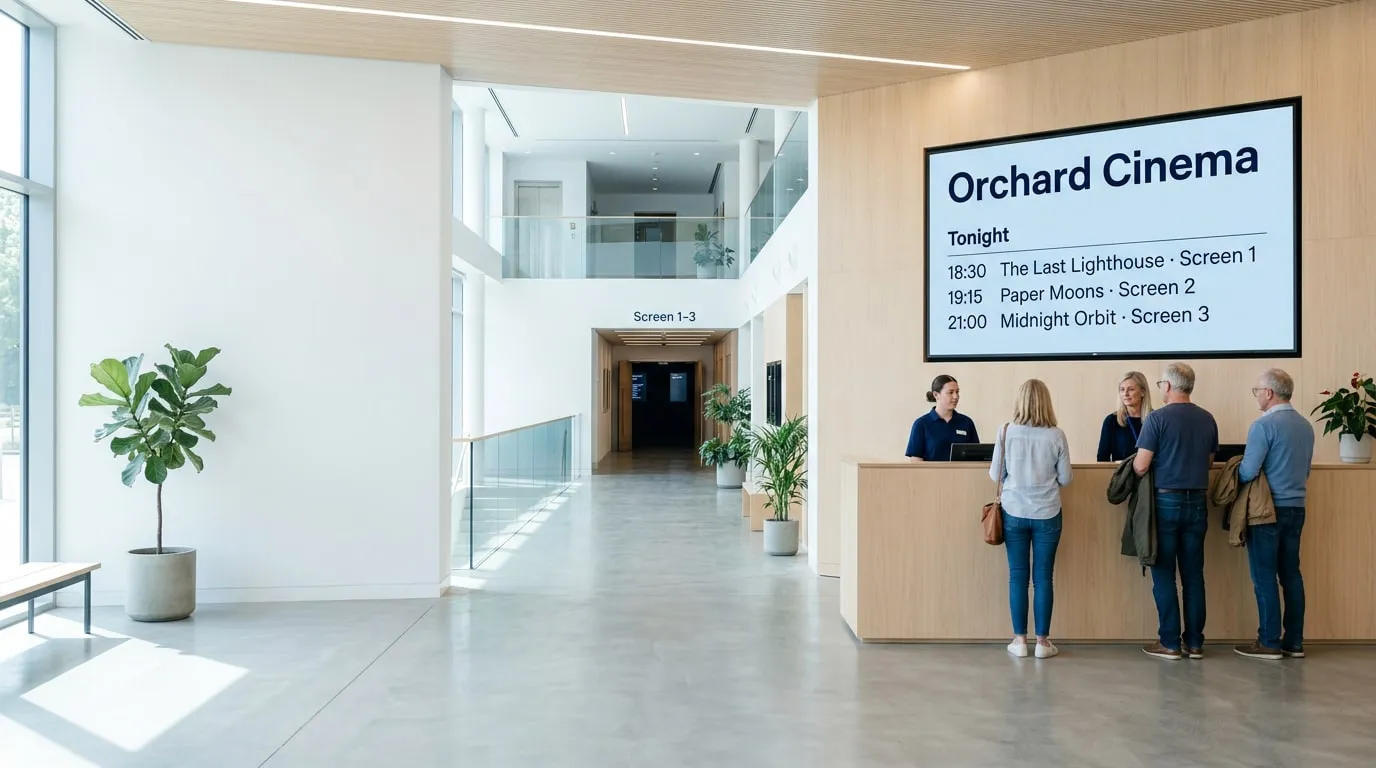 Spettatori alla biglietteria nel luminoso atrio di un cinema, sotto uno schermo a parete con i film di stasera all’Orchard Cinema: 18:30 The Last Lighthouse, sala 1; 19:15 Paper Moons, sala 2; 21:00 Midnight Orbit, sala 3