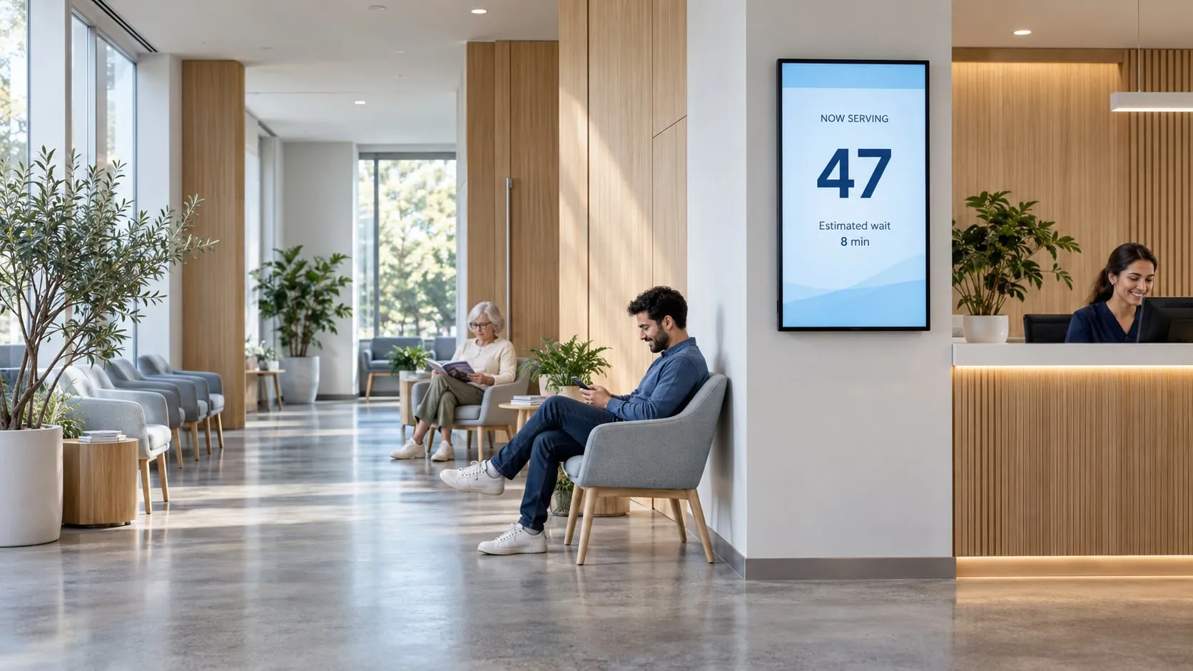Sala d’attesa di una clinica con uno schermo che mostra il numero servito e l’attesa stimata
