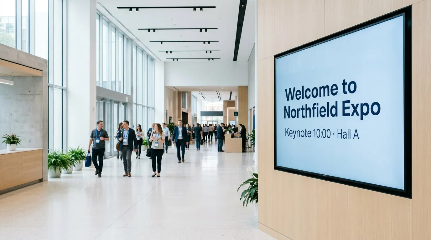 Foyer di un centro congressi con partecipanti con il badge al collo e uno schermo a parete che dà il benvenuto a Northfield Expo: keynote alle 10:00, padiglione A