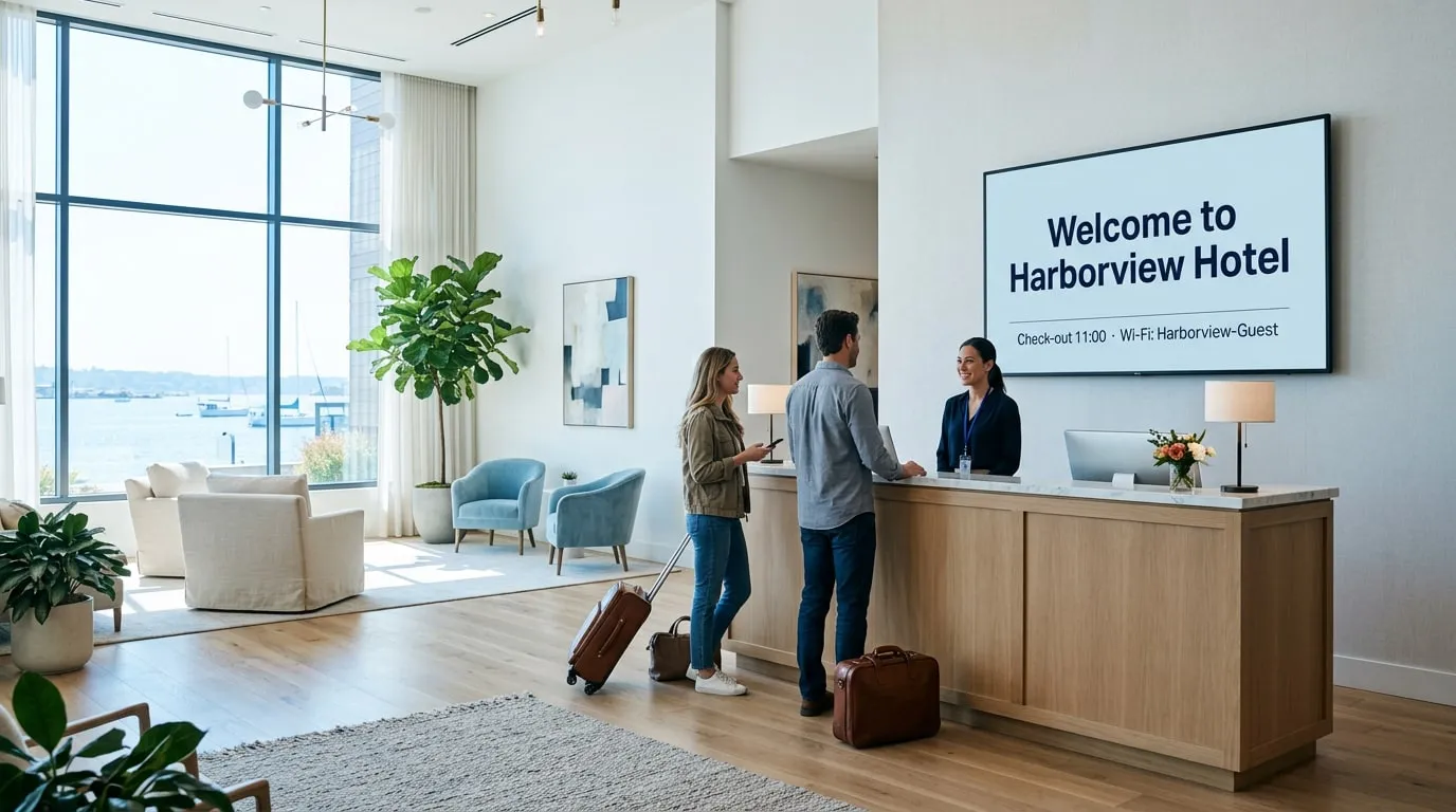 Hall di un hotel con ospiti al banco, sotto uno schermo con «Benvenuti all’Harborview Hotel, check-out alle 11:00» e il nome del Wi-Fi