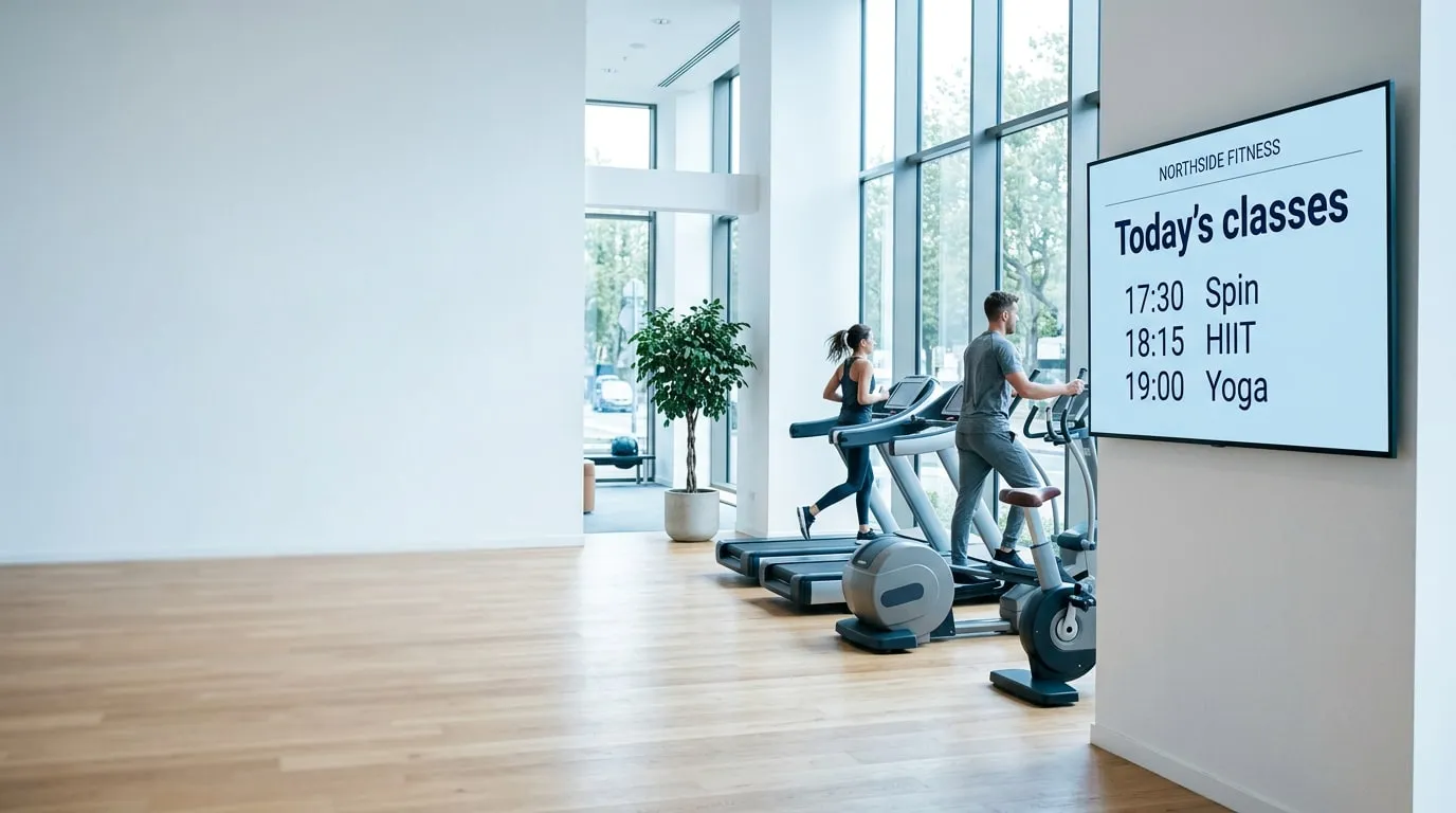 Club fitness luminoso con due soci su un tapis roulant e un cross-trainer davanti a grandi finestre, accanto a uno schermo a parete di Northside Fitness con i corsi di oggi: spin alle 17:30, HIIT alle 18:15 e yoga alle 19:00