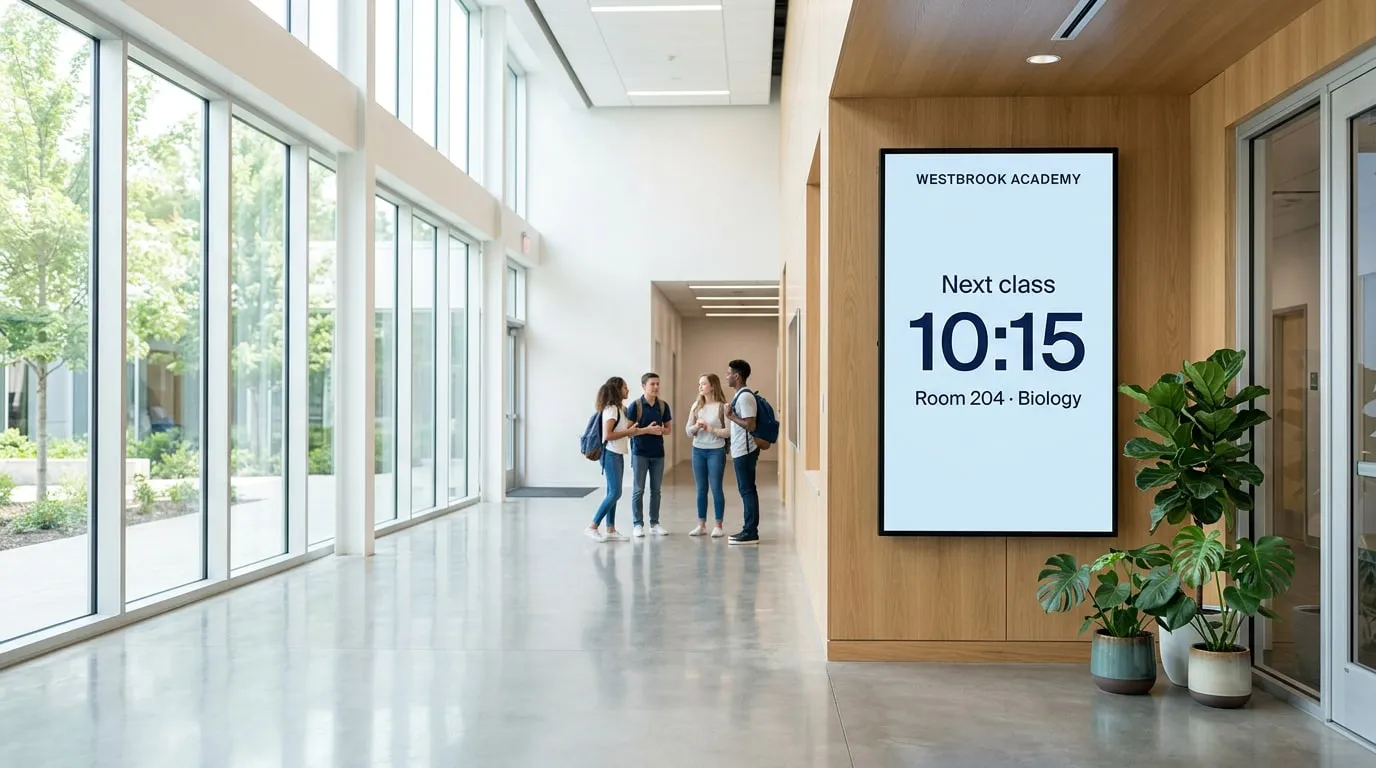 Atrio di una scuola con studenti che chiacchierano e uno schermo a parete con la prossima lezione: 10:15, aula 204, biologia