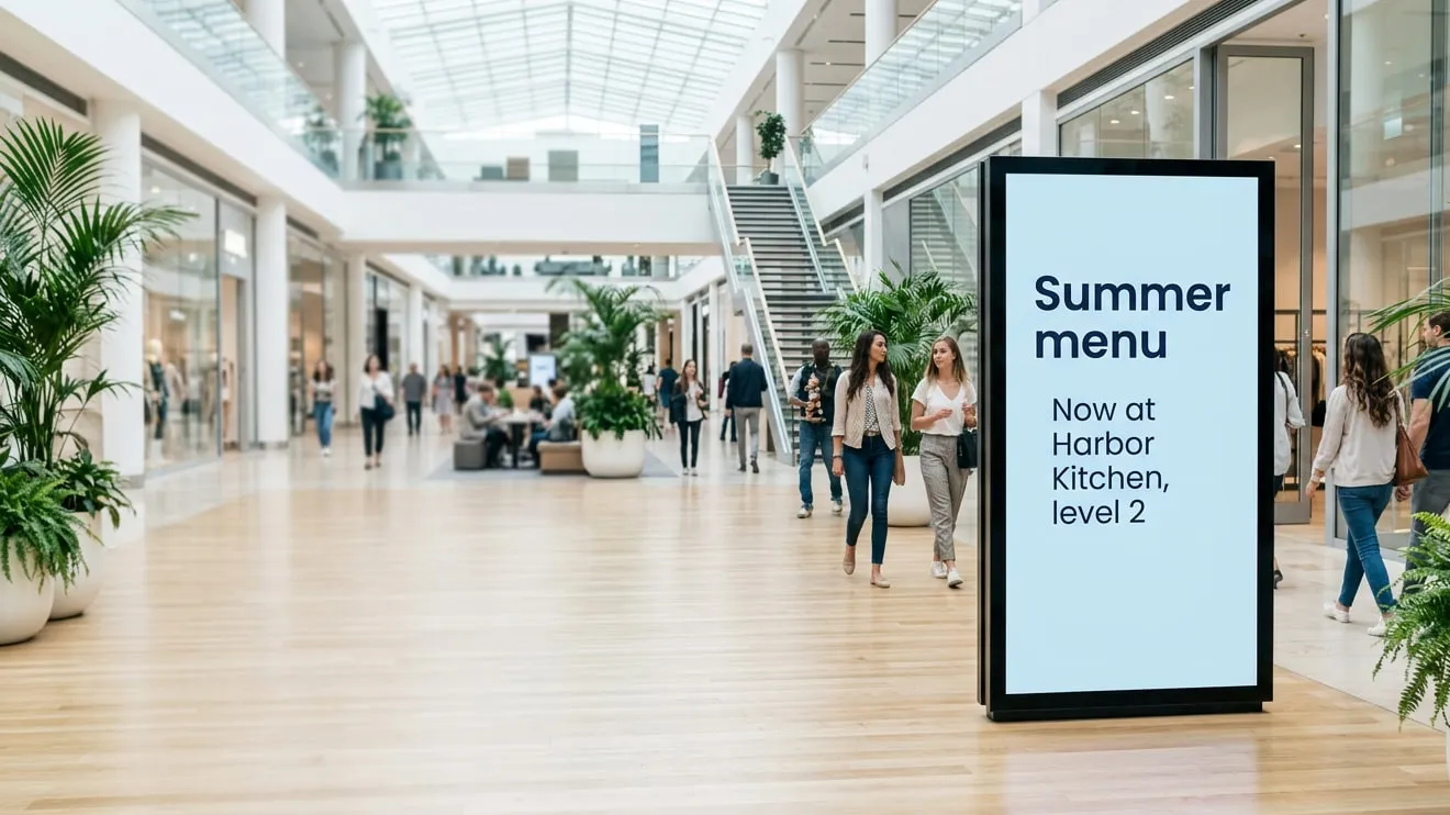 Persone che passeggiano in un luminoso centro commerciale accanto a un alto schermo verticale che annuncia il menu estivo di Harbor Kitchen, al secondo piano