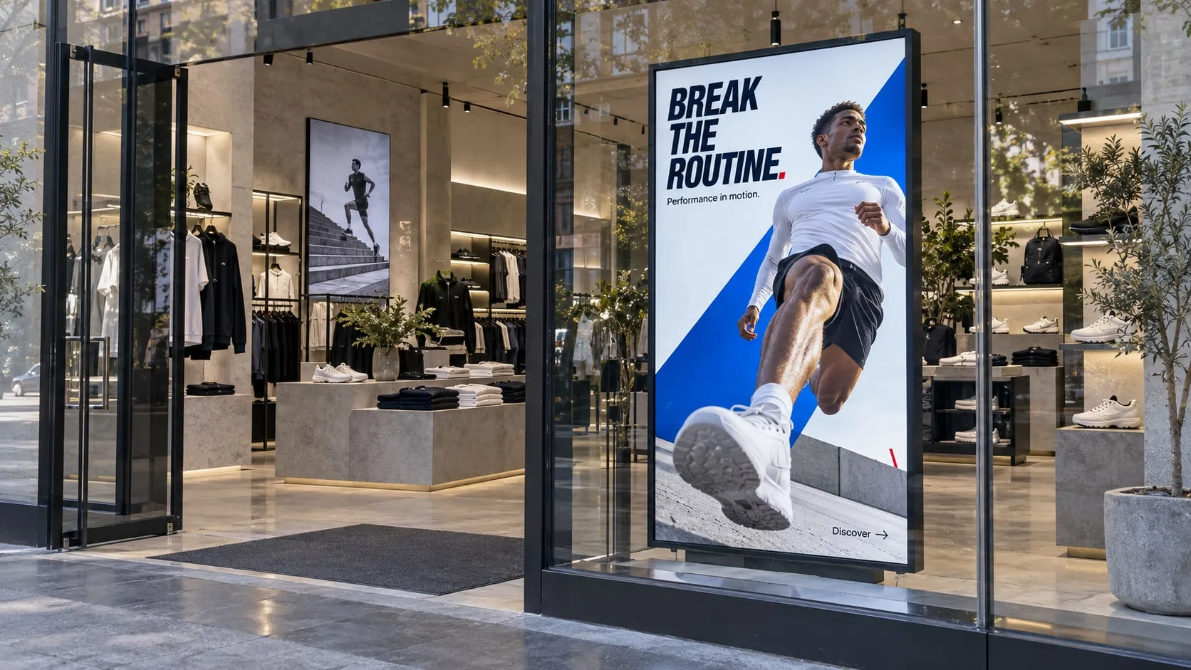 Negozio di abbigliamento sportivo con un grande schermo verticale in vetrina che mostra una campagna sulla corsa