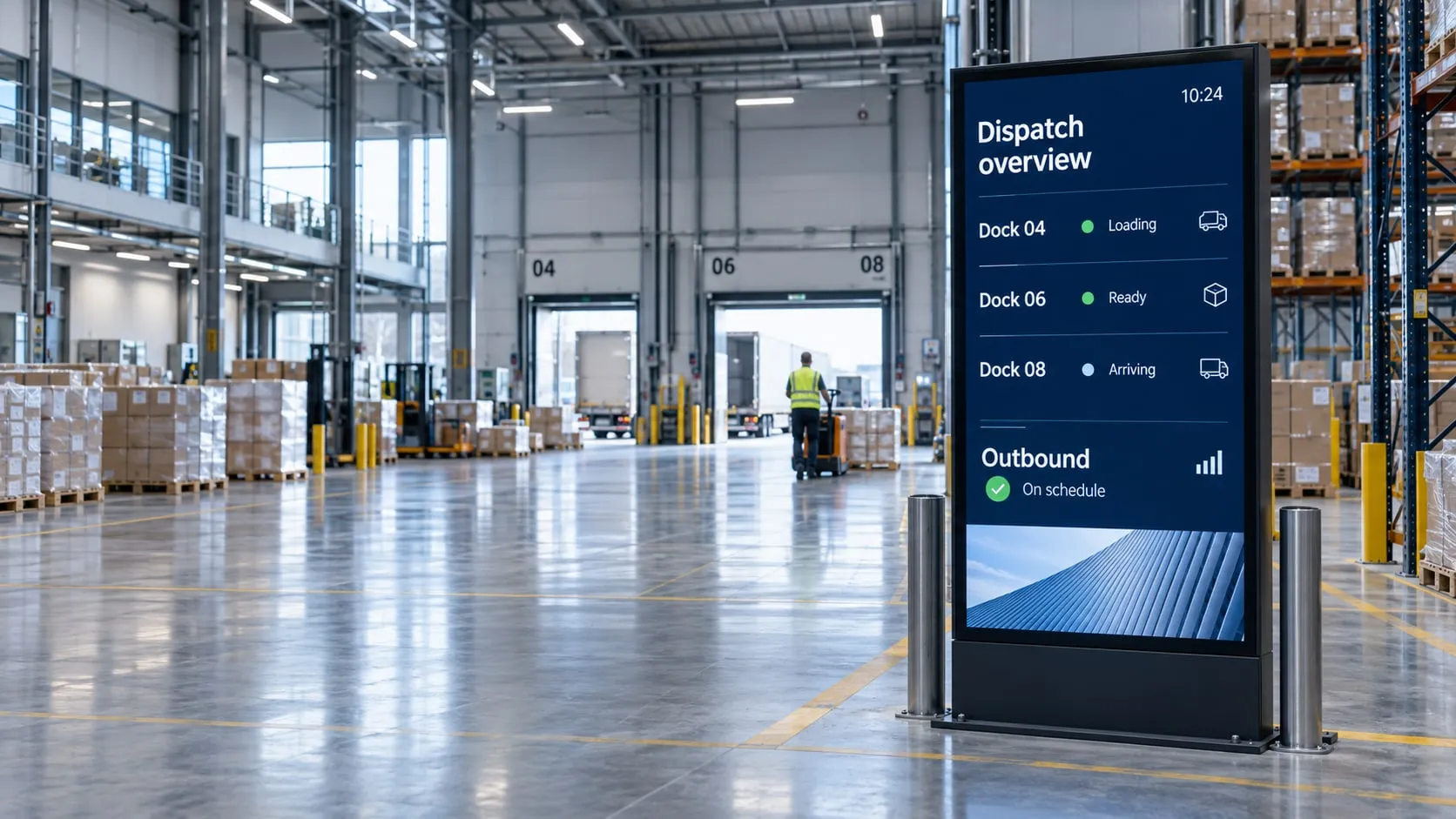 Magazzino con un grande schermo autoportante che mostra la situazione delle spedizioni: baia 04 in carico, baia 06 pronta, baia 08 in arrivo e uscite nei tempi