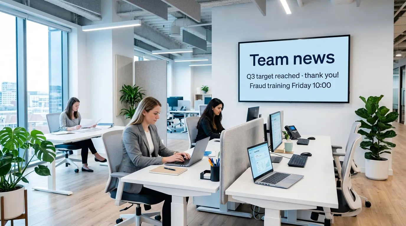 Back office di una banca con il personale alle scrivanie e uno schermo a parete con le notizie del team: obiettivo del terzo trimestre raggiunto, grazie, e formazione antifrode venerdì alle 10