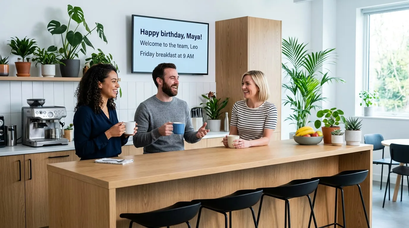 Tre colleghi che chiacchierano davanti a un caffè nella cucina dell’ufficio, sotto uno schermo: «Buon compleanno, Maya», «Benvenuto nel team, Leo» e «Colazione del venerdì alle 9»
