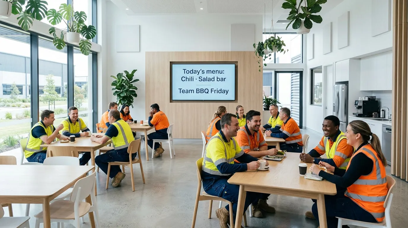 Operai in abiti ad alta visibilità a pranzo in una sala pausa luminosa, con uno schermo che mostra il menu di oggi, chili e buffet di insalate, e il barbecue del team di venerdì