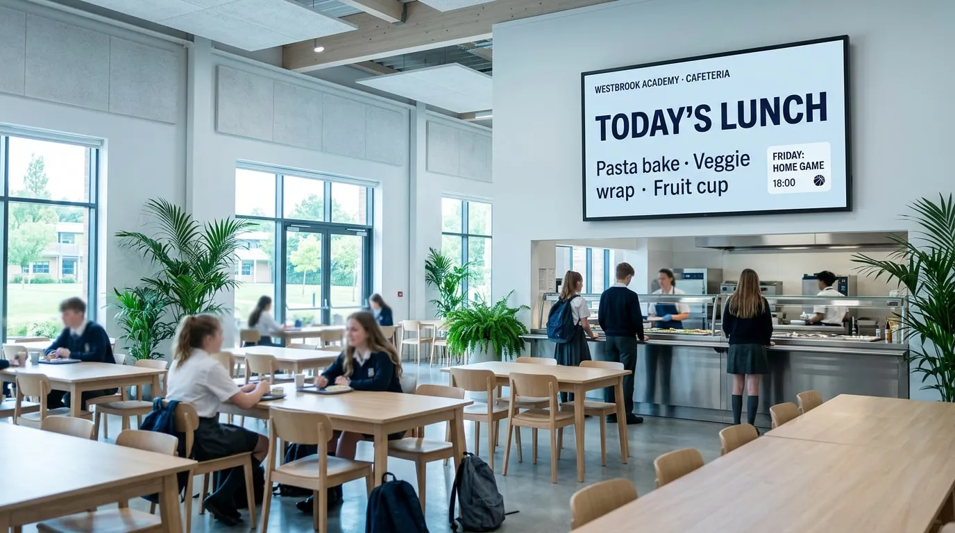 Mensa scolastica con uno schermo sopra il bancone che mostra il pranzo del giorno e la partita in casa di venerdì