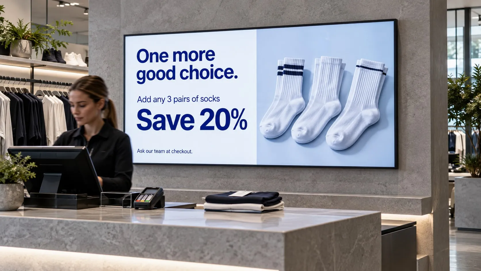 Schermo dietro la cassa che offre il 20% di sconto aggiungendo tre paia di calzini
