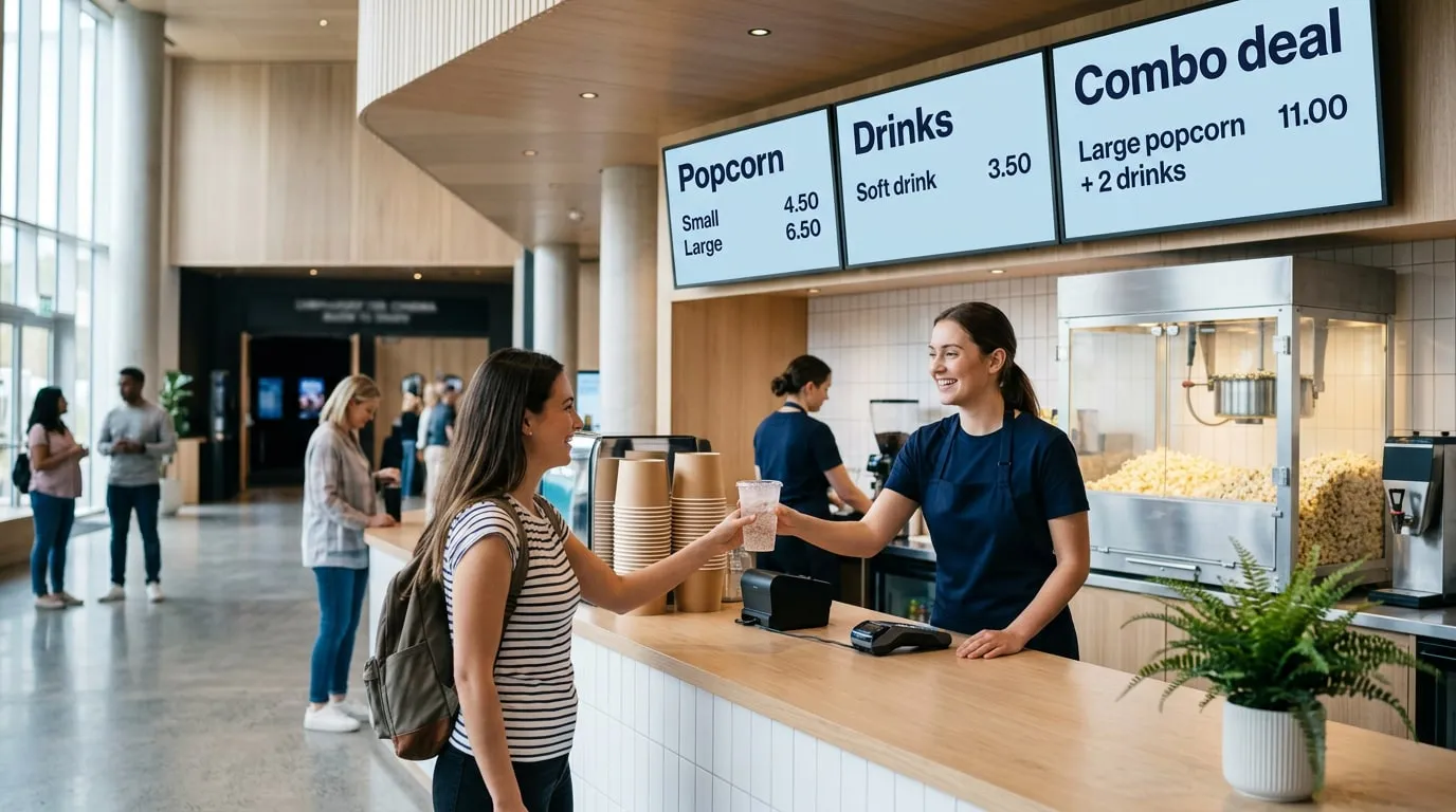 Bar di un cinema dove un addetto porge una bibita a uno spettatore, sotto tre schermi con il menu: popcorn piccolo 4,50 o grande 6,50, bibita 3,50 e un’offerta combo con popcorn grande e 2 bibite a 11,00