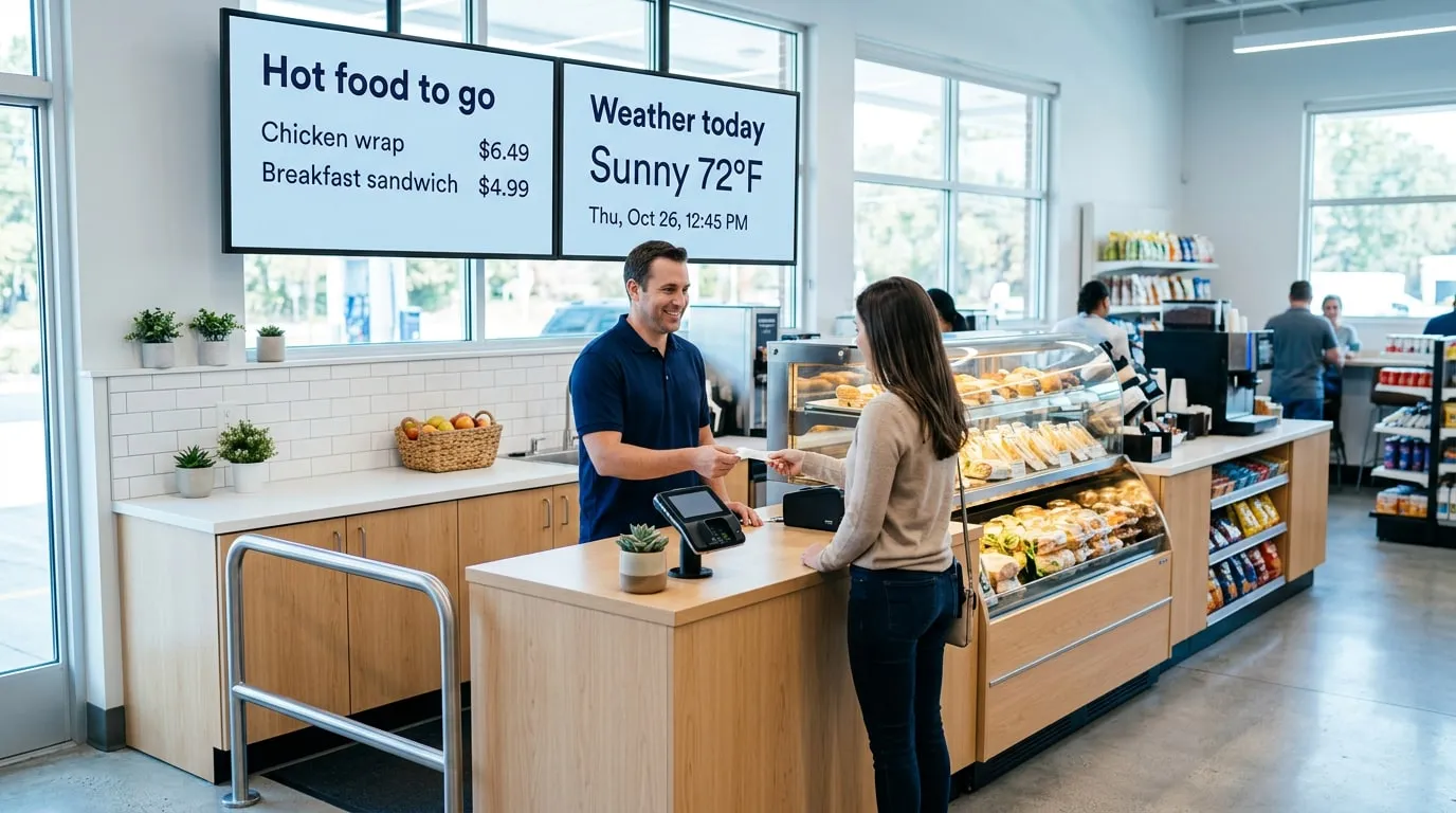 Cassiere che serve un cliente al banco di un minimarket, sotto schermi con cibo caldo da asporto (wrap di pollo 6,49 $, panino della colazione 4,99 $) e il meteo di oggi, sole e 22 °C