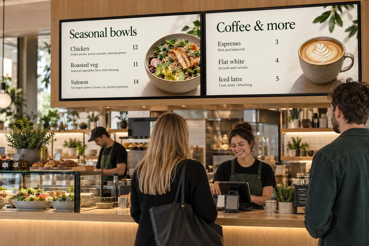 Clienti che ordinano al bancone di un caffè sotto due menu digitali con bowl stagionali, caffè e relativi prezzi