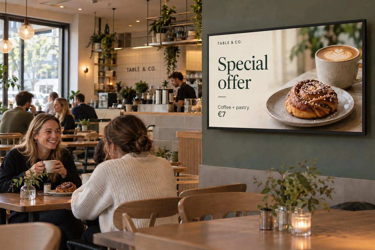 Clienti seduti al tavolo di un caffè accanto a uno schermo a parete con un’offerta speciale: caffè e brioche a 7 €