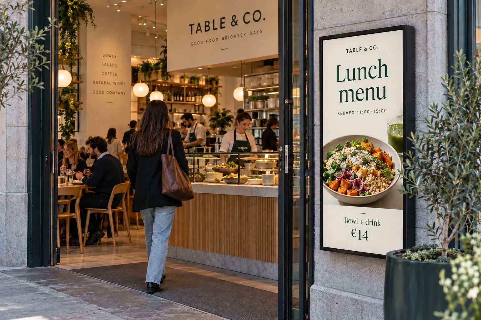 Cliente che entra in un caffè passando accanto a uno schermo verticale sulla porta con il menu del pranzo: bowl e bevanda a 14 €