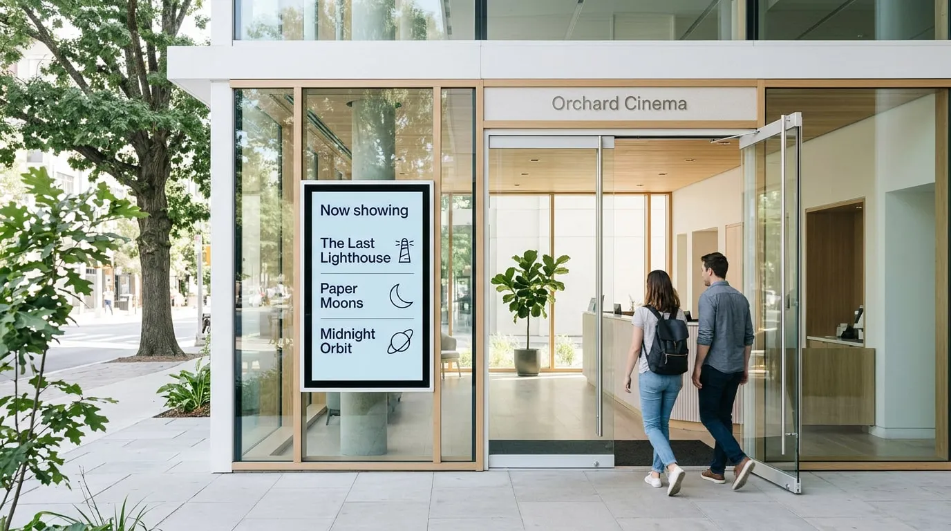 Due spettatori che entrano dalle porte a vetri dell’Orchard Cinema, accanto a uno schermo verticale con i film in sala: The Last Lighthouse, Paper Moons e Midnight Orbit