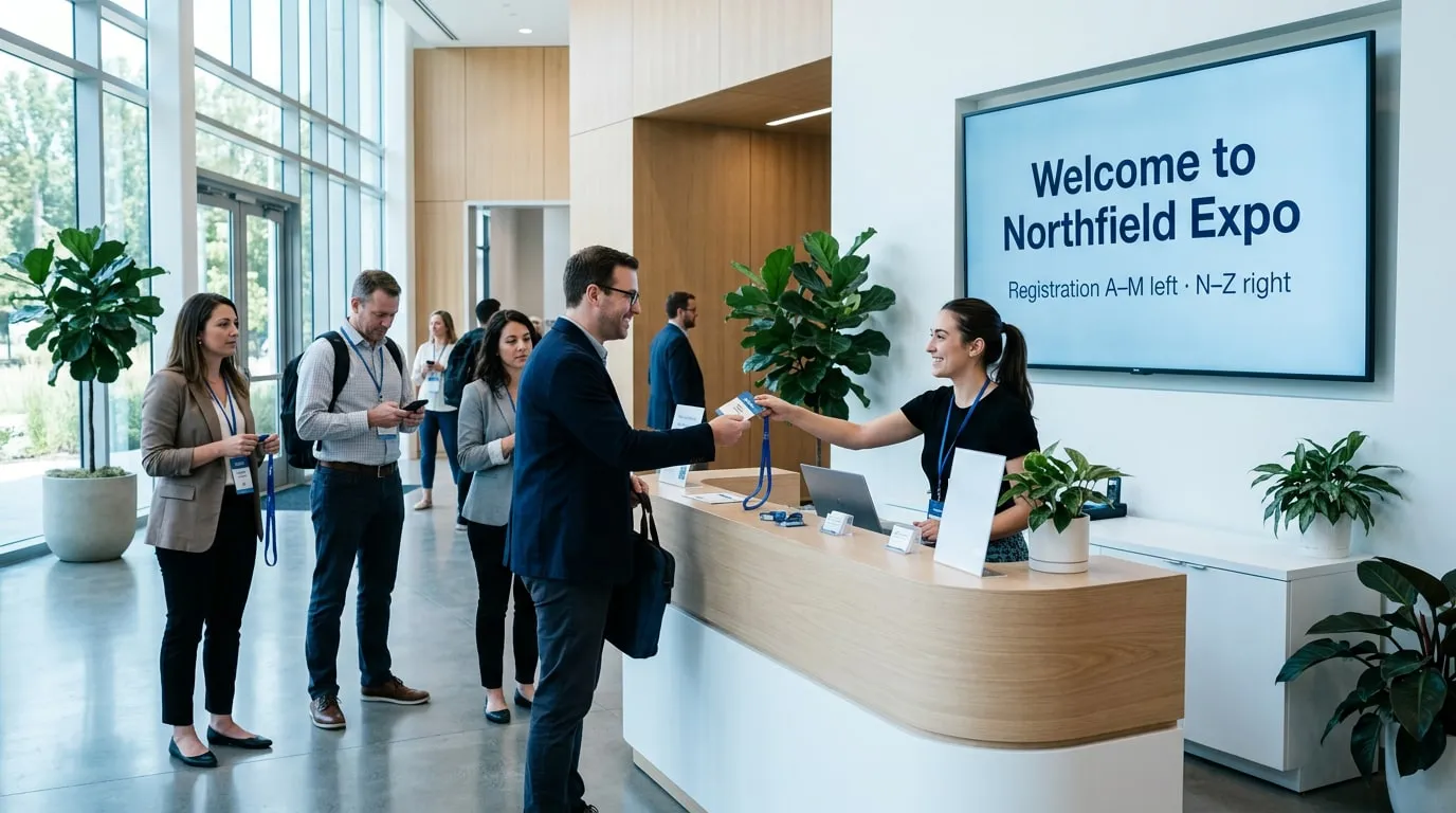 Banco di registrazione in un centro congressi dove un addetto consegna il badge a un ospite, sotto uno schermo con il benvenuto di Northfield Expo: registrazione A–M a sinistra, N–Z a destra
