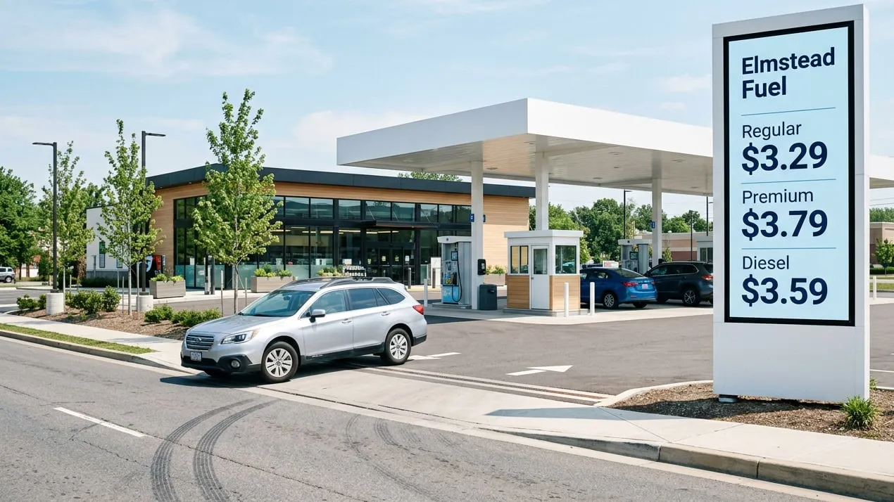 Auto che entra in una stazione di servizio passando davanti a un alto schermo dei prezzi di Elmstead Fuel: regular 3,29 $ al gallone, premium 3,79 $, diesel 3,59 $
