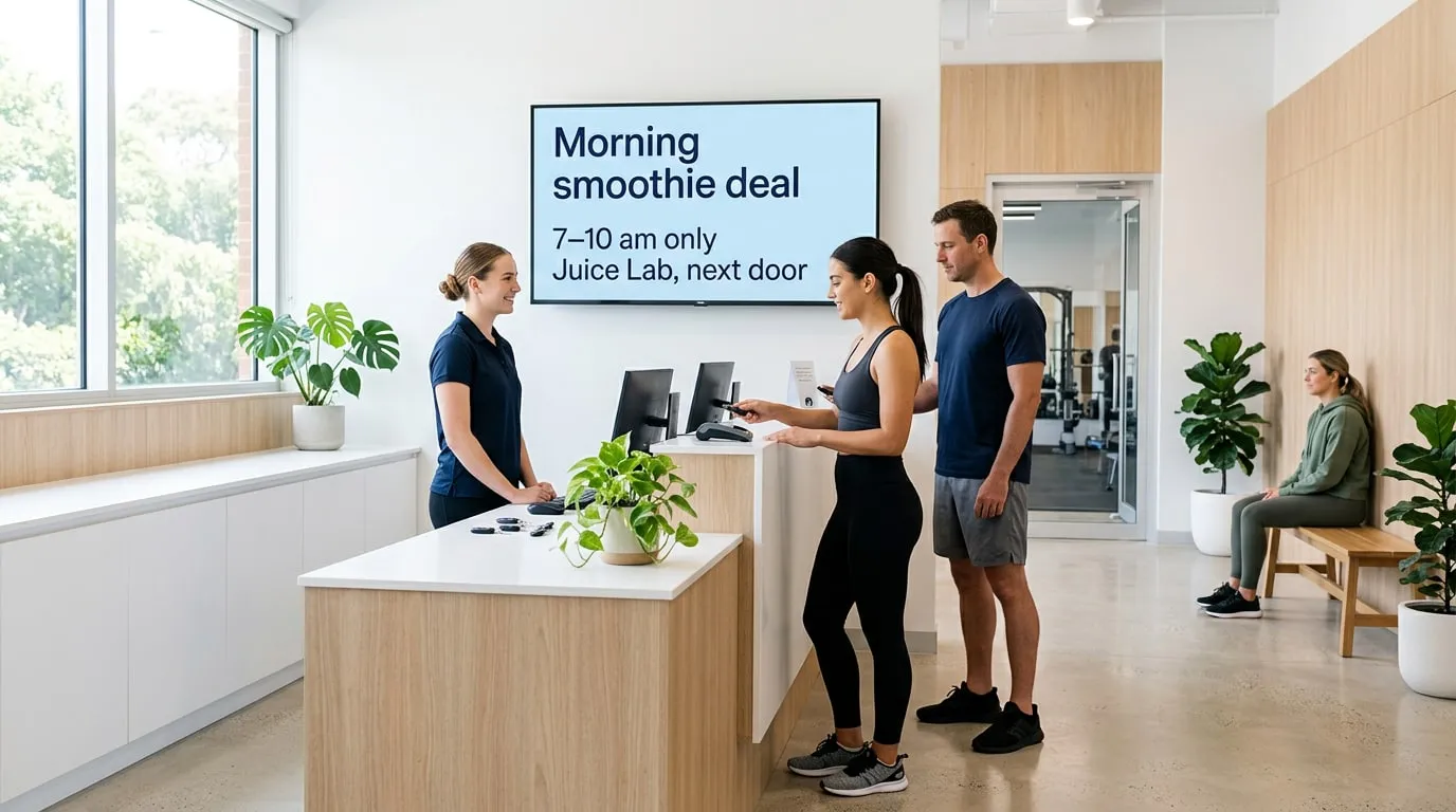 Iscritti a una palestra che fanno il check-in alla reception sotto uno schermo a parete con l’offerta smoothie del mattino di Juice Lab, qui accanto, solo dalle 7 alle 10