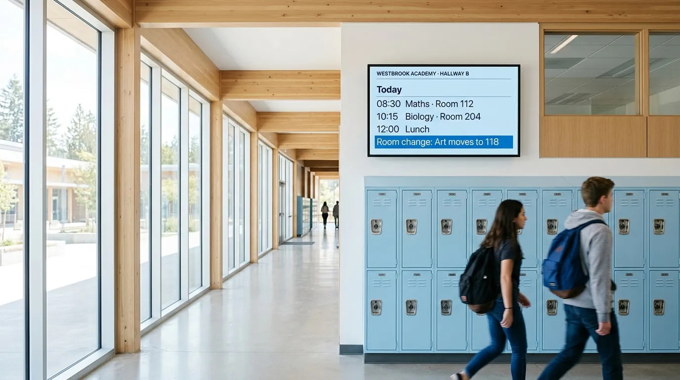 Corridoio di una scuola con armadietti e uno schermo con l’orario del giorno e un cambio d’aula per arte