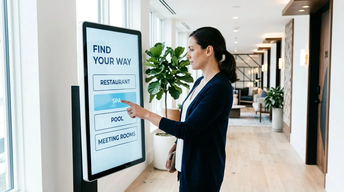 Ospite in un corridoio dell’hotel che tocca Spa su uno schermo touch intitolato «Trova la strada», con pulsanti per ristorante, spa, piscina e sale riunioni