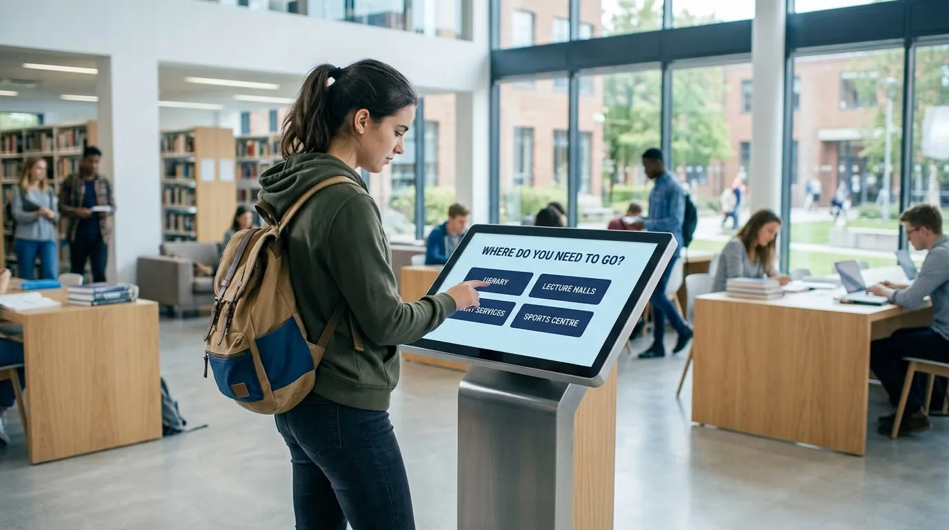 Studentessa che usa un totem interattivo touch in biblioteca per trovare la biblioteca, le aule, i servizi agli studenti o il centro sportivo