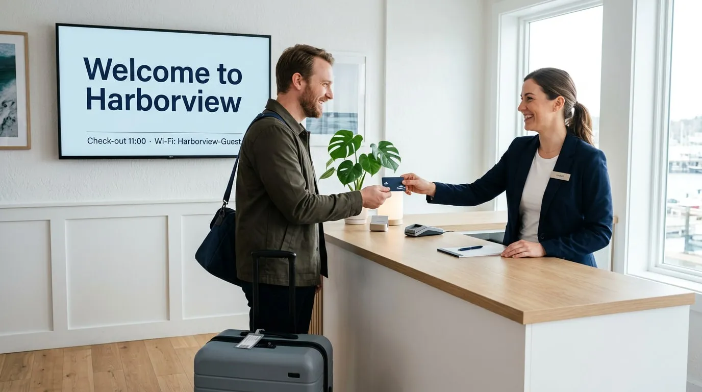Addetta alla reception che consegna una key card a un ospite con la valigia, sotto uno schermo con «Benvenuti all’Harborview, check-out alle 11:00» e il nome del Wi-Fi