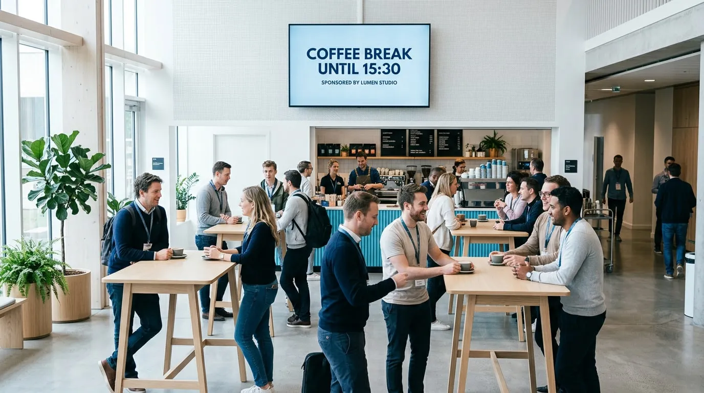Area caffè di un convegno con partecipanti ai tavoli alti e uno schermo sopra il bar: pausa caffè fino alle 15:30, sponsorizzata da Lumen Studio