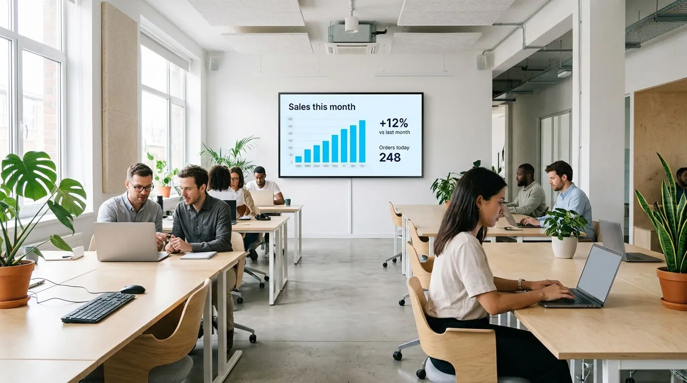 Open space con persone ai portatili e uno schermo a parete con le vendite del mese in un grafico a barre, +12% sul mese scorso, e 248 ordini oggi