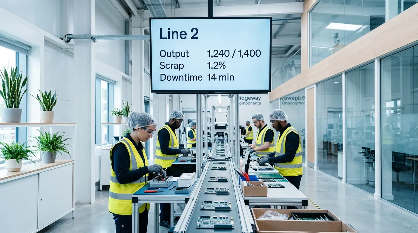 Operatori con cuffia e gilet ad alta visibilità a una linea di assemblaggio elettronico, sotto uno schermo: Linea 2, produzione 1.240 su 1.400, scarti 1,2%, fermo 14 min
