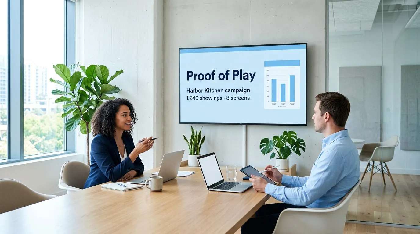 Due persone a un tavolo riunioni che guardano uno schermo a parete con un report Proof of Play: campagna Harbor Kitchen, 1.240 passaggi su 8 schermi, con un grafico a barre