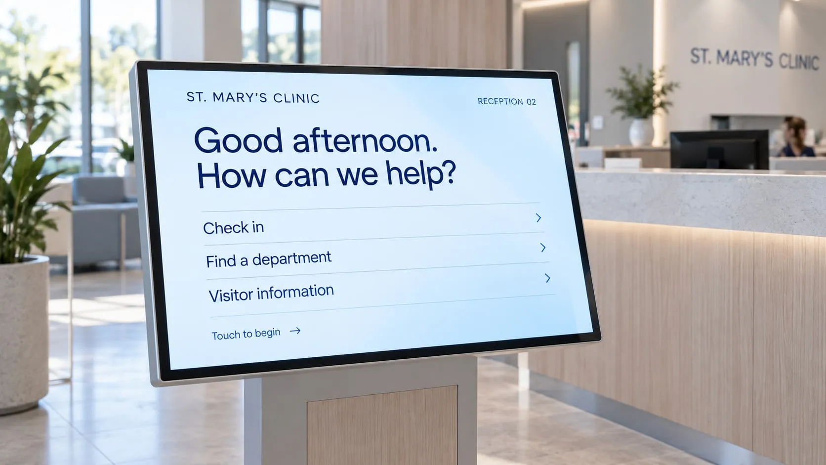 Totem interattivo touch all’accettazione di una clinica con pulsanti per registrarsi, trovare un reparto o avere informazioni per i visitatori