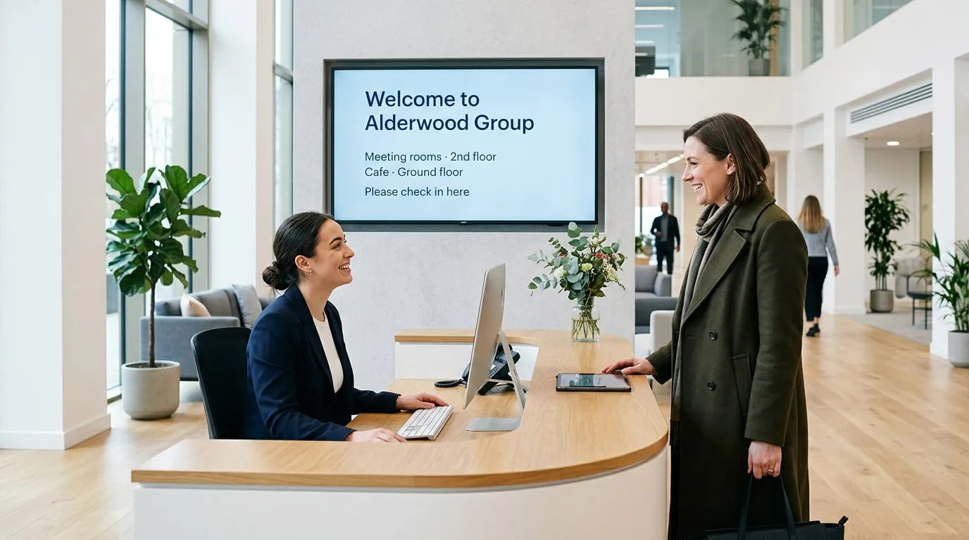 Addetta alla reception che accoglie un visitatore al banco, sotto uno schermo: «Benvenuti in Alderwood Group, sale riunioni al secondo piano, caffè al piano terra, registrati qui»