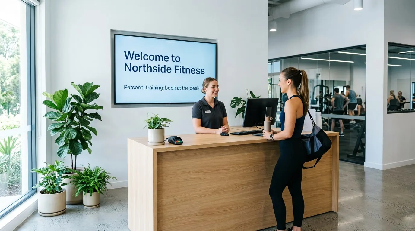 Addetta alla reception che accoglie un socio a un banco in legno, sotto uno schermo con «Benvenuti a Northside Fitness» e «Personal training: prenota al banco»