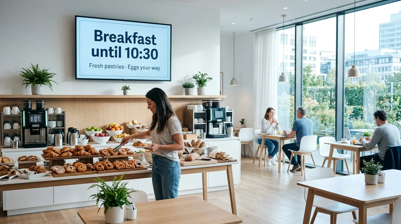 Sala colazione di un hotel con un ospite al buffet dei pasticcini, sotto uno schermo con «colazione fino alle 10:30, pasticcini freschi e uova come le vuoi»