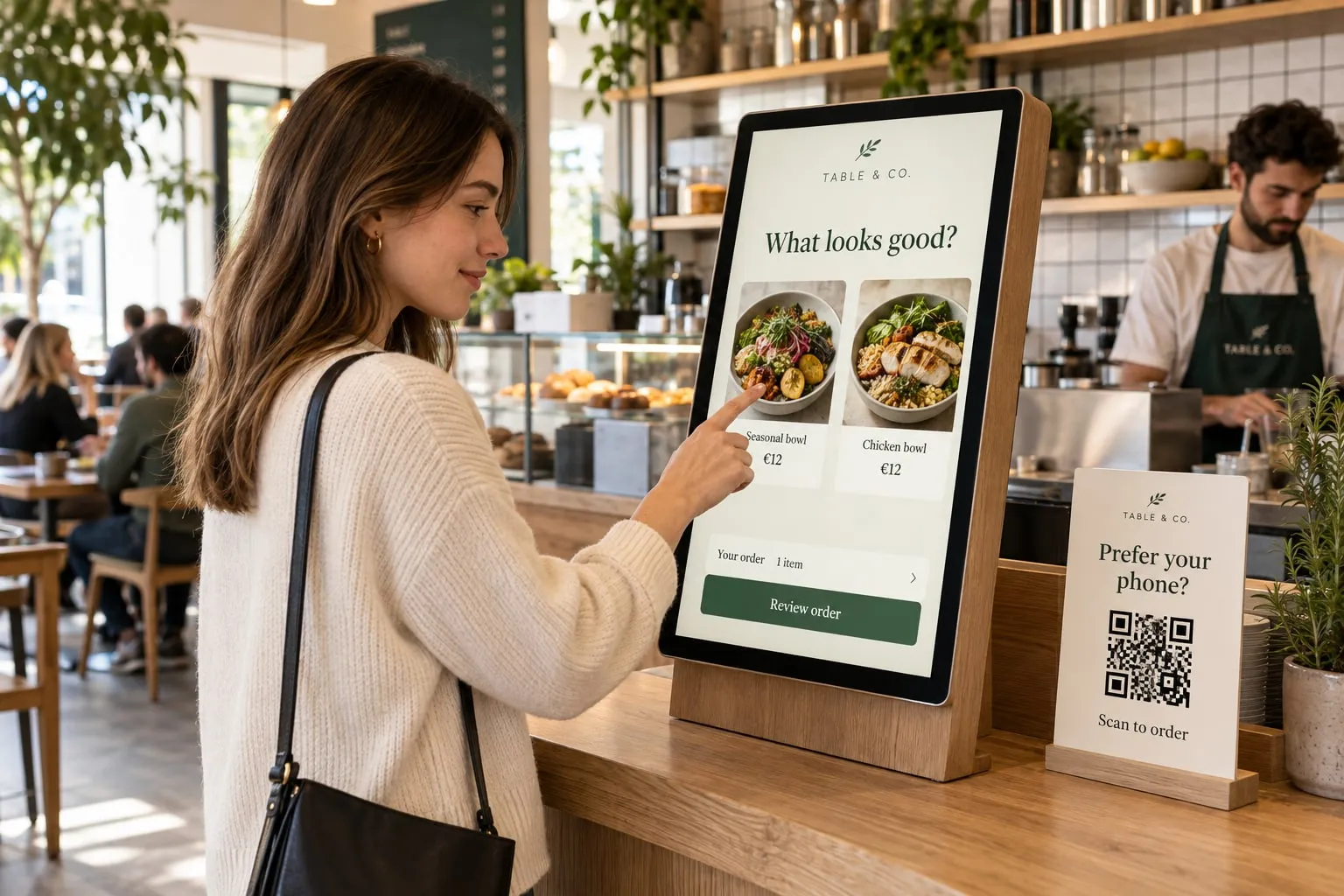Donna che ordina su uno schermo touch self-service, accanto a un cartello con un codice QR per ordinare dal telefono