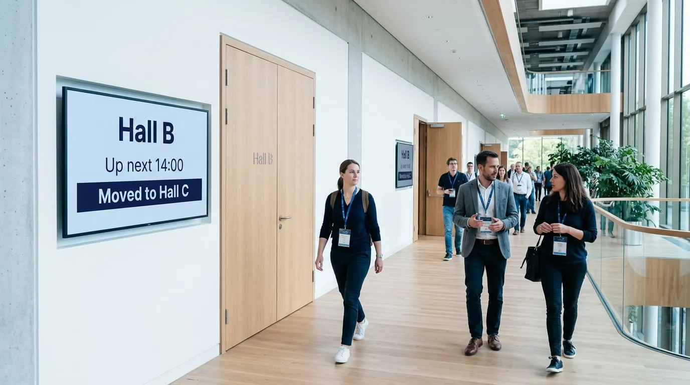 Corridoio di un centro congressi con partecipanti che passano davanti a uno schermo accanto alla porta: sala B, prossima sessione alle 14:00, spostata in sala C