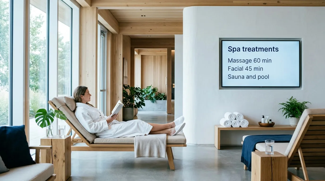 Ospite in accappatoio bianco che legge su una chaise longue in una spa tranquilla, con uno schermo che elenca i trattamenti: massaggio 60 min, viso 45 min, sauna e piscina