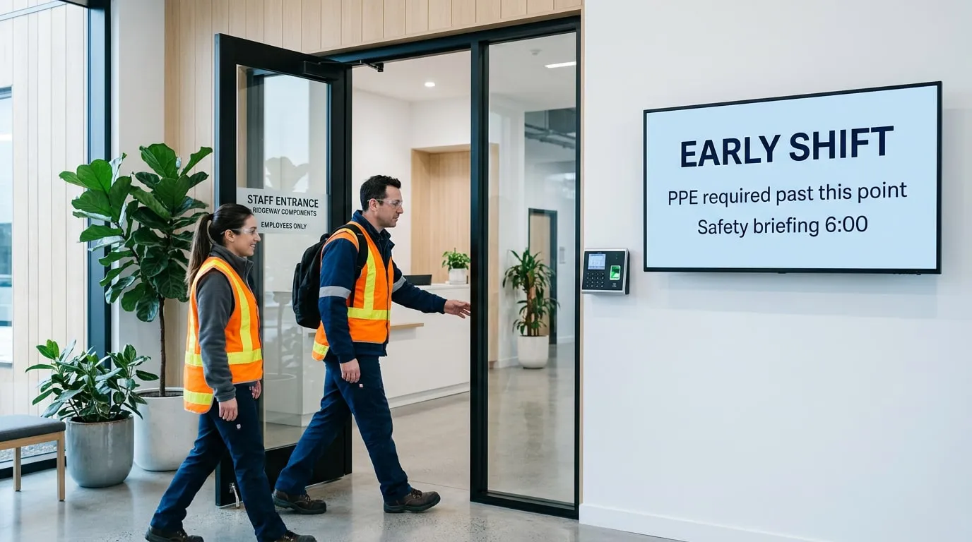 Due operai in gilet ad alta visibilità che entrano dall’ingresso del personale, accanto a un timbratore e a uno schermo: «Turno del mattino: DPI obbligatori da qui in poi, briefing sulla sicurezza alle 6:00»