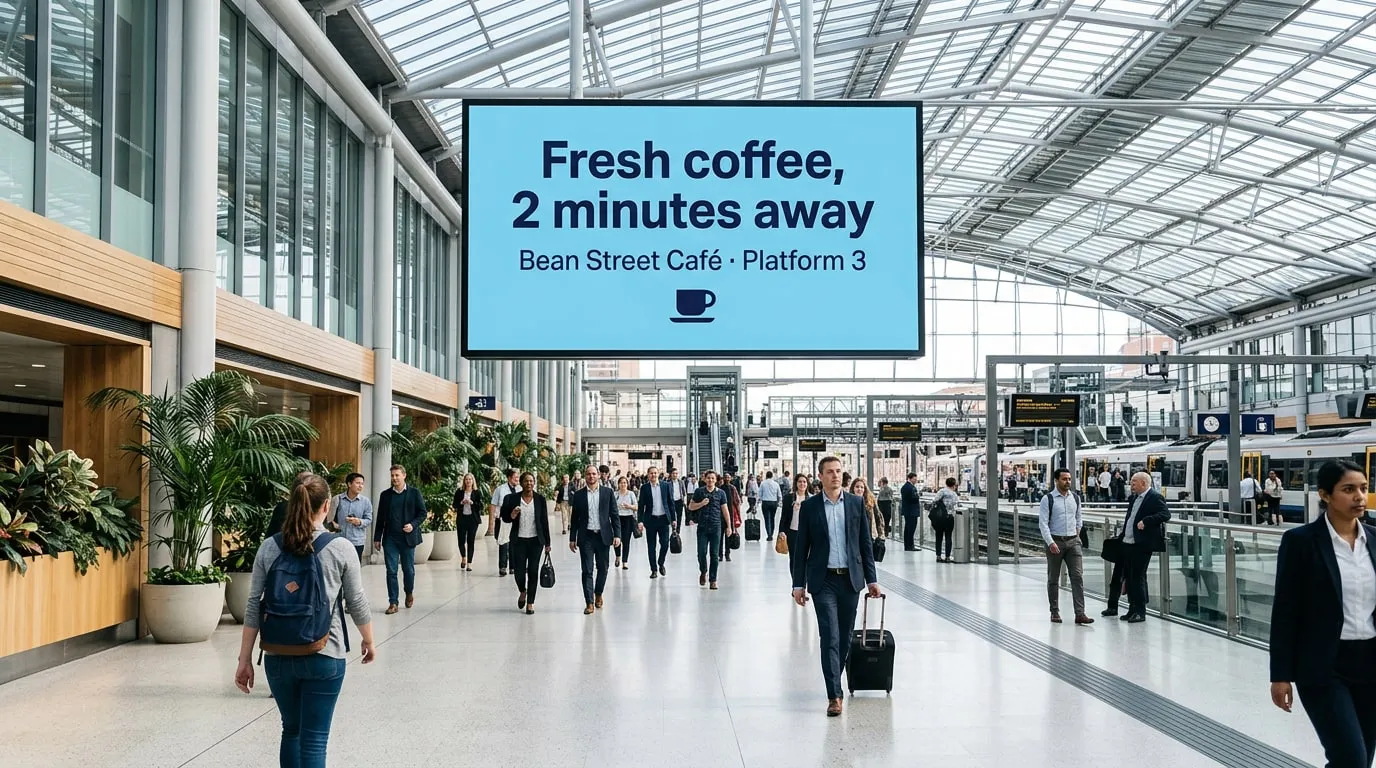 Pendolari che attraversano una luminosa stazione ferroviaria sotto un grande schermo che pubblicizza il caffè fresco di Bean Street Café, a 2 minuti dal binario 3