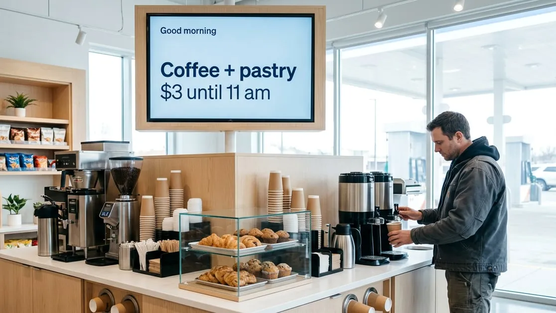 Uomo che si versa un caffè al banco self-service di un minimarket, sotto uno schermo con «Buongiorno, caffè + dolce 3 $ fino alle 11»