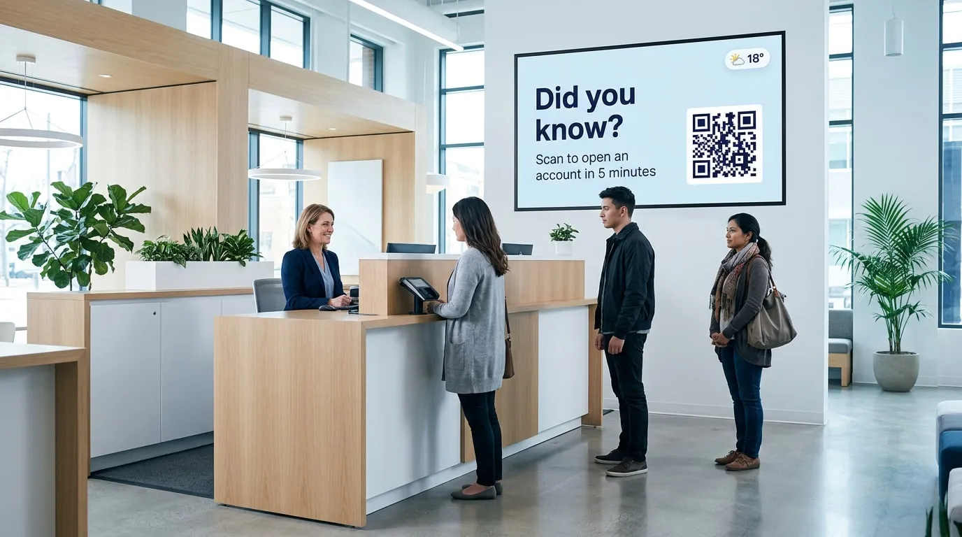 Breve coda agli sportelli di una banca sotto uno schermo che invita a inquadrare un codice QR per aprire un conto in 5 minuti, con la temperatura di 18°